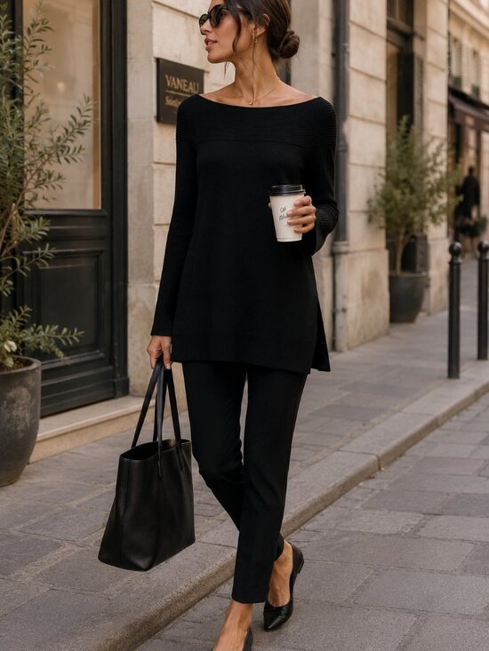 Anthropologie Tops - Anthropologie Elise Off-Shoulder Ribbed Knit Tunic Sweater Black S Minimalist